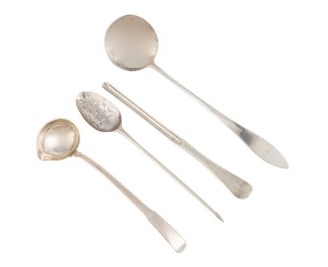 A small mixed lot of silver flatware,comprising: a George II silver marrow scoop by possibly Robert Hill, London circa 1730, 