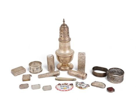 A mixed lot of silver items,various dates and makers,comprising: a sugar caster, Birmingham 1938, a scent bottle, a scent bot