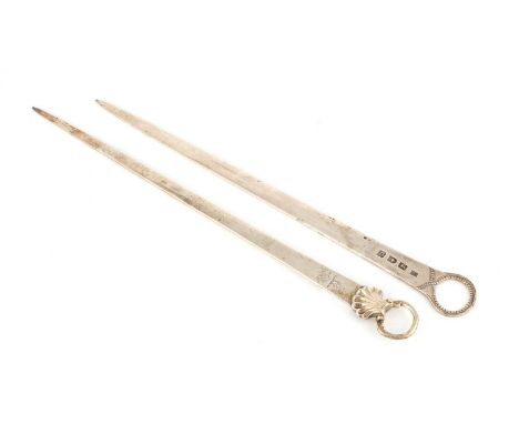 A George III silver Bead pattern meat skewer,by Summers and Crossley, London 1775,tapering form, and another George III silve