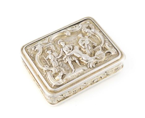 A George III silver-gilt classical snuff box, by Joseph Ash, London 1810, rectangular form, the cover cast with a scene of He