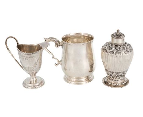 A Victorian silver tea caddy,by Charles Stuart Harris, London 1884,urn form with fluted decoration, embossed foliate decorati