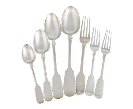 A collection of silver Fiddle pattern flatware,various dates and makers, most engraved with initials and crest to the termina