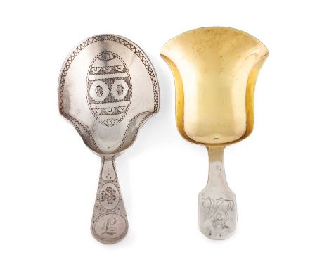 Two George III silver caddy spoons, by Joseph Taylor, Birmingham 1809 and 1811, one with a shaped bowl, engraved decoration, 
