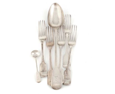 A small collection of George IV silver Fiddle pattern flatwareby Adey Bellamy Savory, London 1828 and 1829,engraved with a cr
