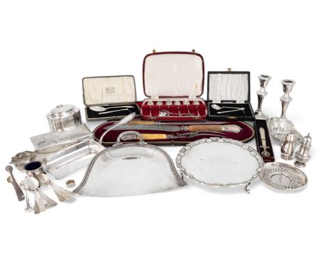 A mixed lot,comprising silver items: a waiter, by The Barnards, London 1926, inscribed, a dish, two pepper pots, two cased ba