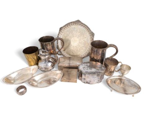 A mixed lot,comprising silver items: a George III teapot stand, by Henry Chawner, London 1786, oval form, engraved with a cre