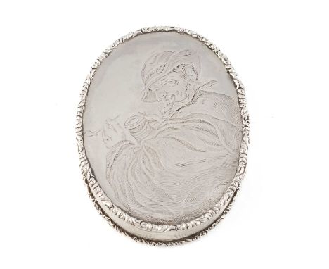 A George IV silver snuff box, by Nathaniel Mills, Birmingham 1828, oval form, the hinged cover set with an engraved Dutch pan