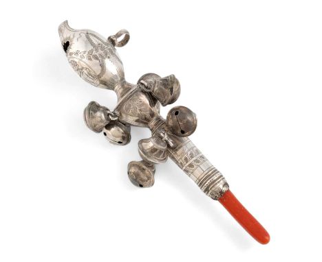 λ A George III silver baby's rattle, whistle and teether, probably by William Turton, London circa 1780-90, baluster and tape