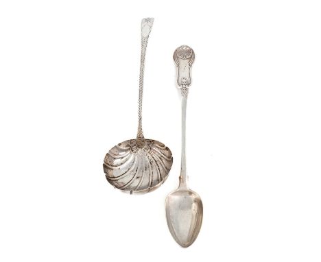 A George III Irish silver soup ladle, By John Sheils, Dublin 1785,Bright-cut star decoration, shell bowl, plus a George IV Sc