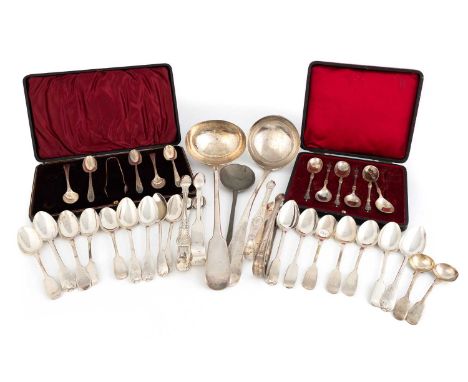 A mixed lot of silver flatware,various dates and makers,comprising: a George III Fiddle pattern soup ladle, by Eley and Fearn