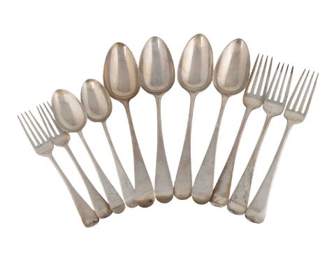 A mixed lot of antique silver Old English pattern flatware,various dates and makers,comprising: four tablespoons, three table