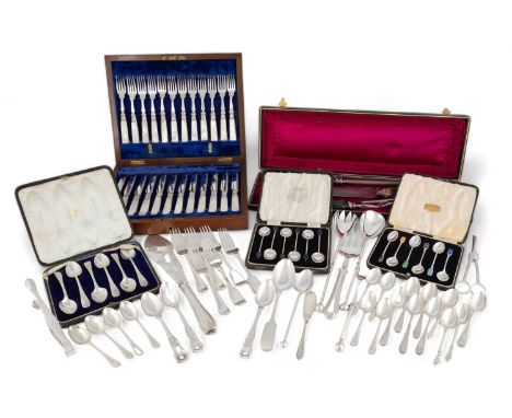 A mixed lot of flatware,comprising: a Victorian silver pair of fish servers by Martin, Hall &amp; Co, Sheffield 1858, three V
