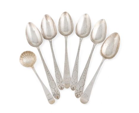 A matched set of four George III Irish silver Bright-cut Celtic-point star pattern tablespoons,by Jonas Osborne, Dublin 1797,