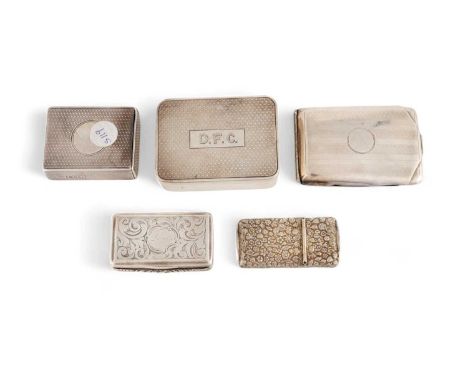 A collection of five silver vesta boxes,comprising: one by Francis Clark, Birmingham 1844, rectangular form, engraved decorat