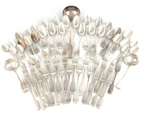 A George IV silver Fiddle pattern canteen for twelve,mostly by Robert Peppin, London 1823,comprising: twelve dessert forks, t