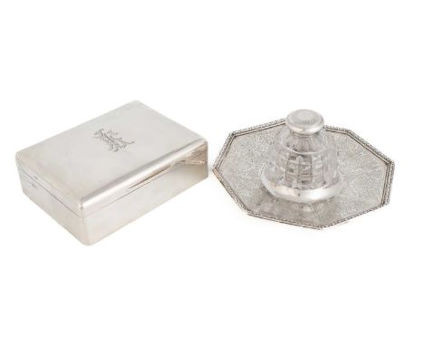 A Victorian silver presentation inkwell,by Henry Wilkinson &amp; Co, Sheffield 1860,shaped hexagonal form, engraved foliate d