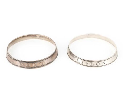 A pair of George III silver neck ring wine labels,by William Parker, London 1801.circular form with reeded borders, incised '