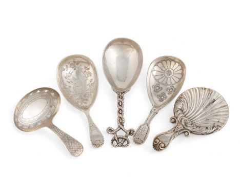A collection of five antique silver caddy spoons, including: a George III one, by Joseph Taylor, Birmingham 1807, pierced bow