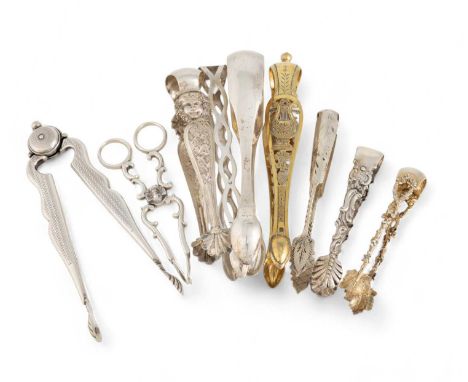 A collection of nine pairs of foreign silver sugar tongs, including: a Danish pair of sugar nips, with figural pivots, 1864, 