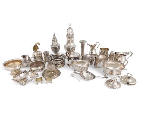 A mixed lot of silver items,various dates and makers, comprising: a George III caster, London 1792, later decoration, a sugar