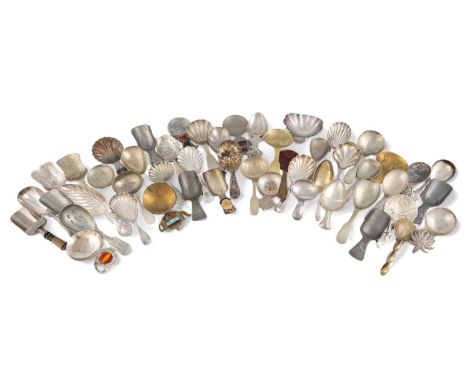 A collection of fifty electroplated and base metal caddy spoons, various designs and makers, including one with a leaf bowl a