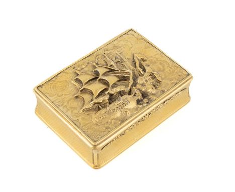A William IV silver-gilt snuff box, by Thomas Edwards, London 1836, rectangular form, the cover cast with a scene of a naval 