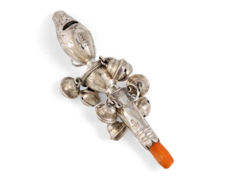 λ A George III silver baby's rattle, whistle and teether, by Peter and Ann Bateman, London 1797, baluster and tapering circul