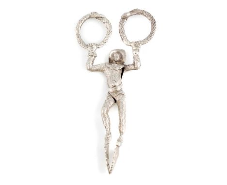 A pair of George IV silver harlequin tongs,by Edward Farrell, London 1821,shell bowls, snake ring handles, length 12.1cm, app