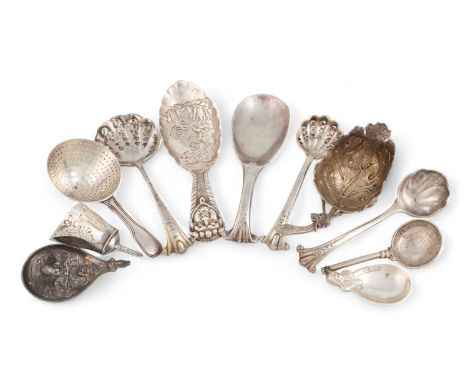 A small mixed lot of flatware,comprising: an unmarked Onslow pattern sifting spoon and cream ladle, with a hanging hook and w
