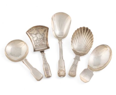 A collection of five antique silver caddy spoons, including: a George IV one by Joseph Taylor, London 1824, shovel form, engr
