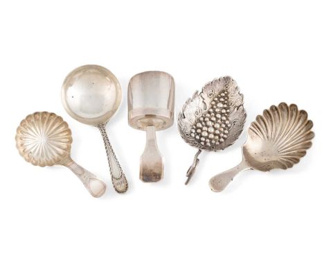 A collection of five antique silver caddy spoons, including: a George III one by Joseph Willmore, Birmingham 1809, vine leaf 
