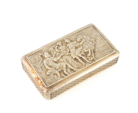 A George III silver-gilt snuff box, by William Parker, London 1807, rectangular form, the hinged cover with a cast mythologic