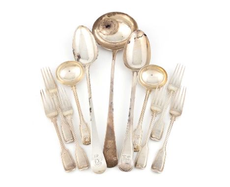 A mixed lot of silver flatware, comprising: a set of six Victorian Fiddle and Thread pattern dessert forks by George Adams, L
