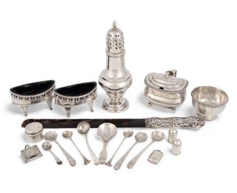 λ A mixed lot of silver items,comprising: a George III mustard pot, London 1815, rounded rectangular form, a pair of George I