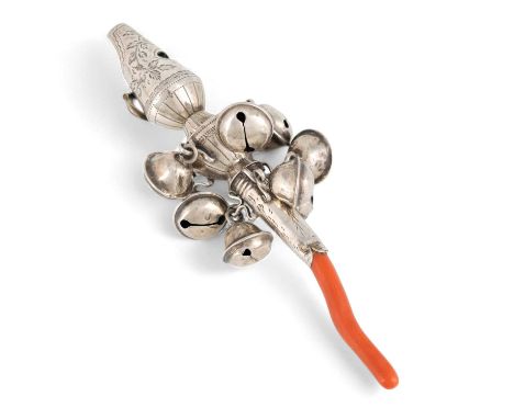 λ A George III silver baby's rattle, whistle and teether, possibly by George Bower, Birmingham 1801, baluster and tapering ci