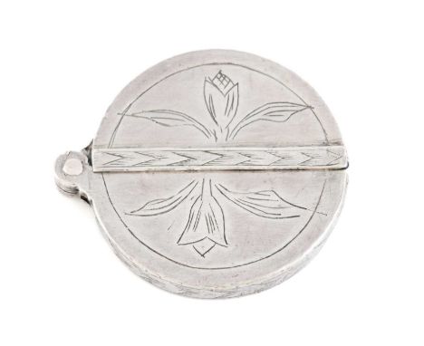 A 17th century Charles I memento box,unmarked,circular form, engraved foliate decoration, the cover opens to reveal an engrav