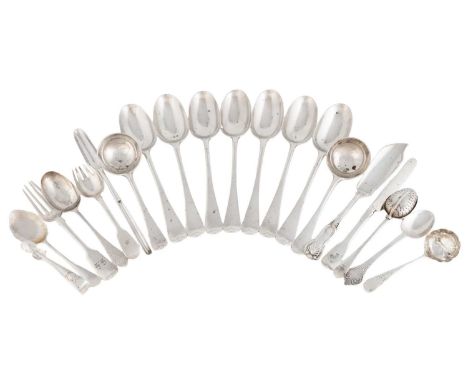A mixed lot of silver flatware,comprising: a set of seven silver Hanoverian pattern tablespoons by D &amp; J Wellby Ltd, Lond