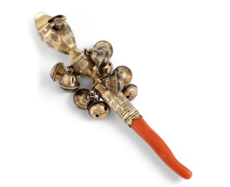 λ A George III silver-gilt baby's rattle, whistle and teether, by Mary Crosswell, London 1807, faceted baluster and tapering 