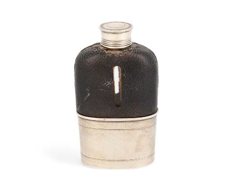 A French silver hipflask,tapering rounded rectangular form, pull-off engine-turned drinking cup, leather-clad body, screw-off