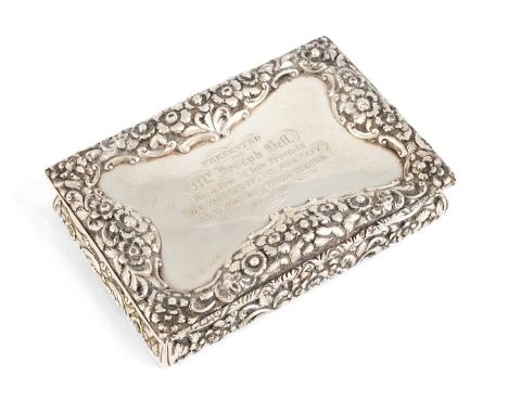 An early-Victorian silver table snuff box,by Nathaniel Mills, Birmingham 1838, rectangular bombé form, the hinged cover and s