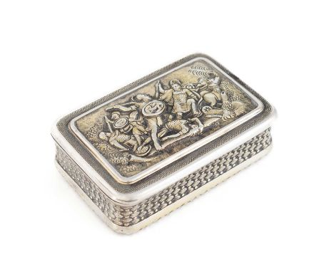 A George III silver-gilt snuff box,by Joseph Ash, London 1811,rectangular form, chased foliate decoration, the hinged cover w