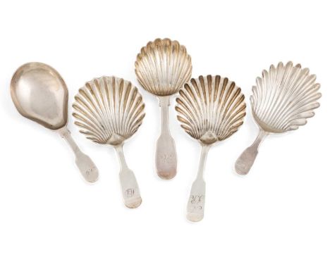 A collection of five 19th century Scottish silver caddy spoons, including: one by George Booth of Dundee, Fiddle pattern hand