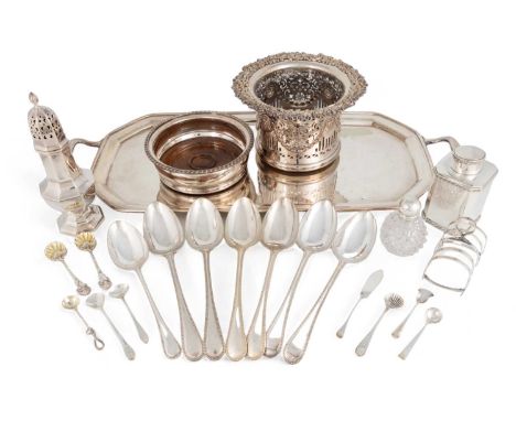 A mixed lot,comprising: a late-Victorian silver tea caddy by George Nathan &amp; Ridley Hayes, Chester 1895, eight salt spoon