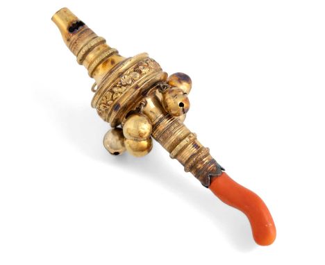 λ A George III silver-gilt baby's rattle, whistle and teether, by Mary Crosswell, London 1818, baluster and circular form, ch