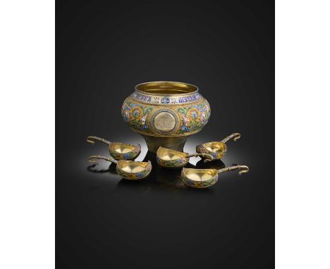 A late-19th century Russian silver gilt and cloisonné and champlève enamel presentation punch bowl and five kovsh, by Ivan Sa