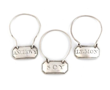 A set of three George III neck ring silver sauce labels, by Thomas Phipps & Edward Robinson, London circa 1802, rectangular f