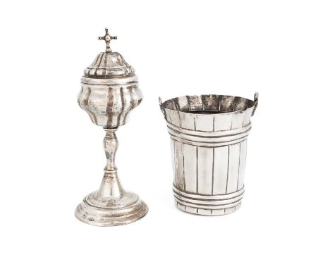 A 19th century Italian silver sugar basin,over stamped maker's mark IC?, Naples circa 1860,modelled as a wooden pail, plus an