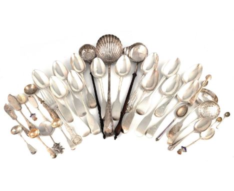λ A mixed lot of silver flatware,various dates and makers,comprising: Feather-edge pattern soup ladle, London 1774, two punch