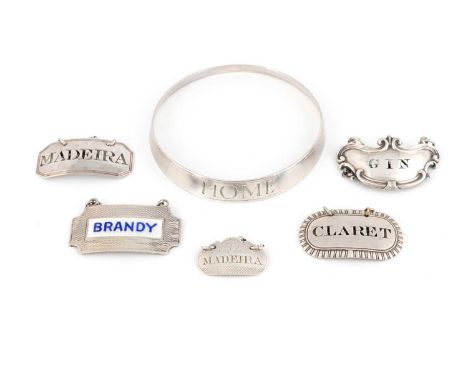 A collection of antique silver wine labels, comprising: a George III Scottish ring neck label by John Zeigler, Edinburgh circ
