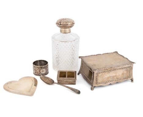 A mixed lot of silver items,comprising: an Edwardian silver dressing table box by John Moore, London 1904, a Victorian silver